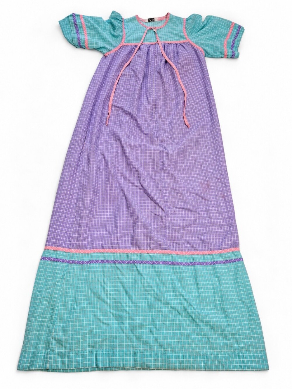 Vintage 80s Komar Nightgown Lavender Aqua Windowpane Check Pink Trim Made in USA